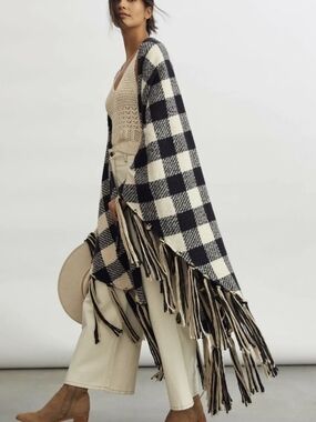 Anthropologie Black and Cream Fringed Buffalo-Check Wrap